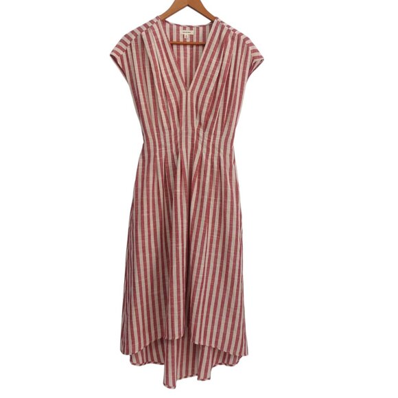 Max Studio Striped Midi Day Dress Small Red Cream Cottagecore V Neck Sash Tie - Picture 5 of 11